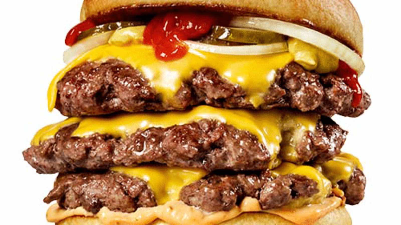 Een triple smash burger van HBC met gesmolten cheddar, augurk en ui.